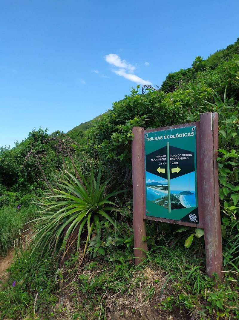 Placa indicativa na Trilha do Santinho para o Moçambique